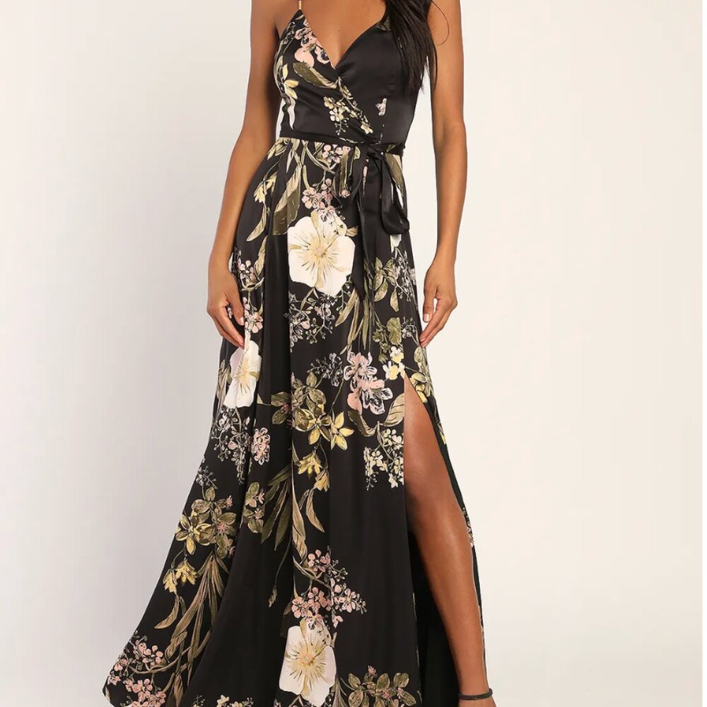 Lulus Still the One Black Floral Print Satin Maxi Dress